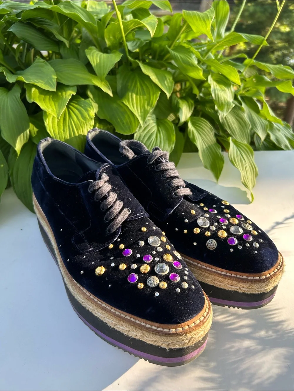PRADA Velvet Platform Oxford Espadrille Embellished Crystals Shoes Size 40